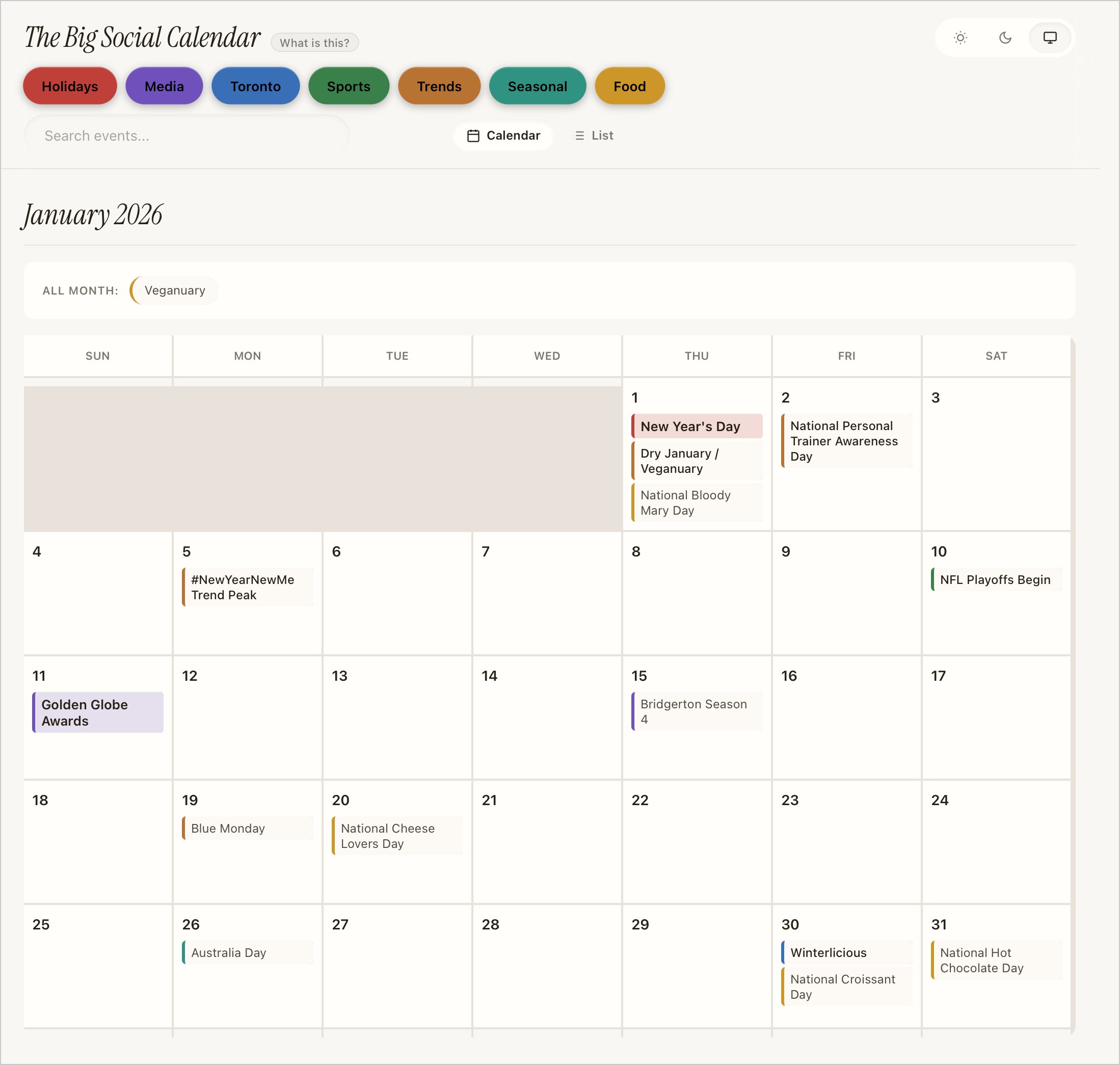 The Big Social Calendar showing January 2026 in monthly grid view, with color-coded entries for New Year's Day, Golden Globe Awards, NFL Playoffs, Veganuary, and more